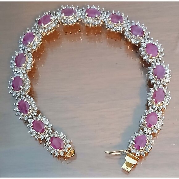 Natural Ruby & Diamond 14K Solid Yellow Gold over 14K Solid White Gold Bracelet - Picture 2 of 13